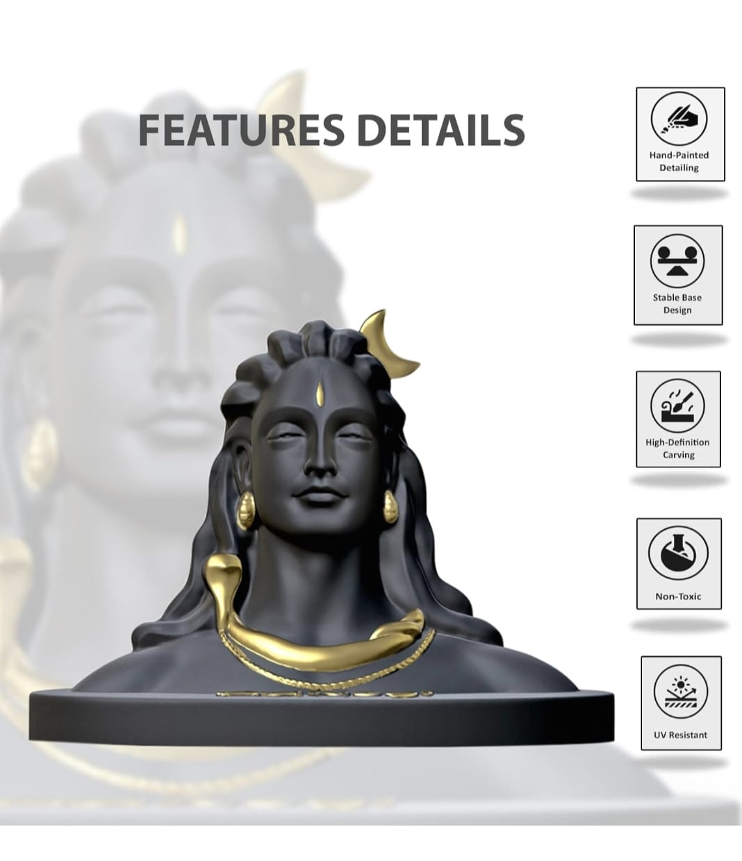 Adiyogi Lord Shiva Idol – Black & Gold Resin Bust Statue